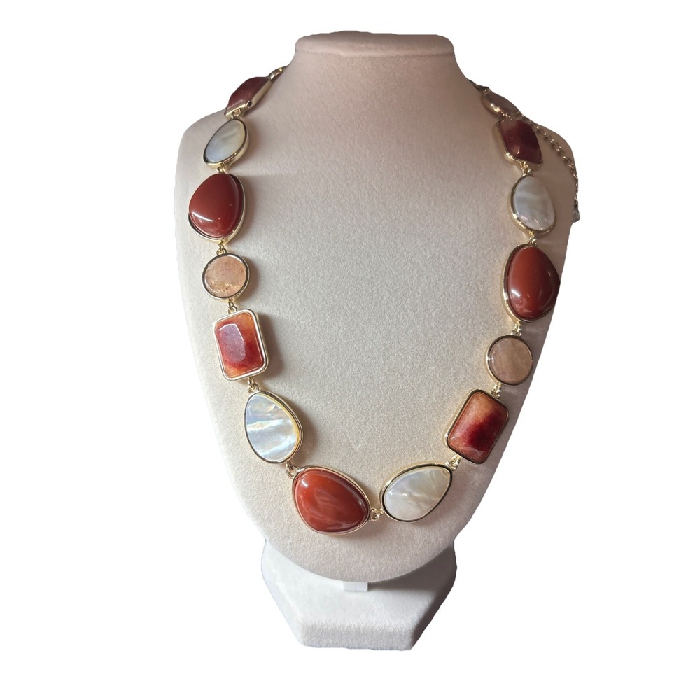 WHBM Statement Necklace Red Jasper Mother of Pearl Gemstone Gold Tone Chain